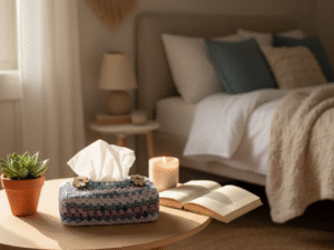 Lifestyle image of Lilac Blue Tissue Box Cover in bedroom setting