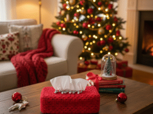 Red Christmas tissue box cover in bedroom