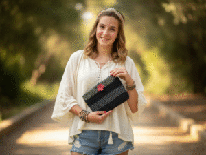 Teenager with Black Crochet Pouch