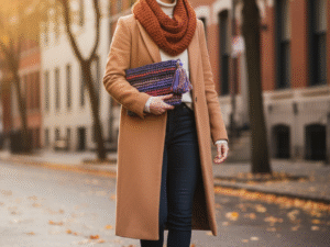 Woman Holding Winter Crochet Clutch in City